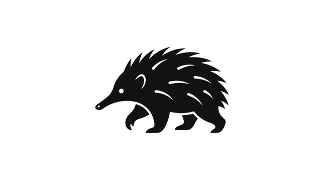 Stylized black silhouette of an echidna walking on a white background.