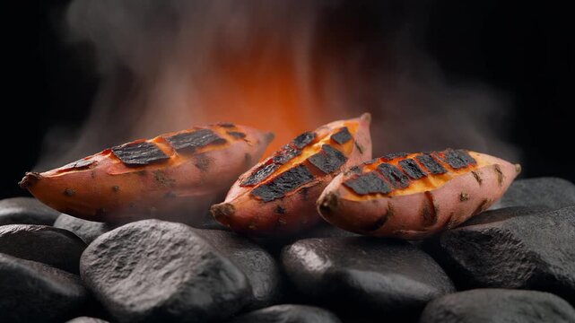 Charred Roasted Sweet Potatoes Resting on Hot Black Stones with Smoke and Warm Fire Glow