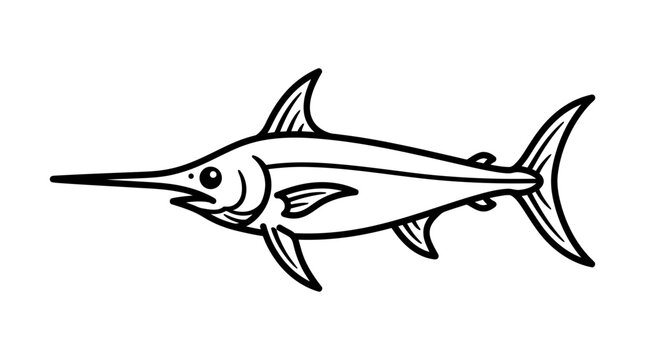 Black and white line art illustration of a swordfish swimming, simple marine animal drawing.