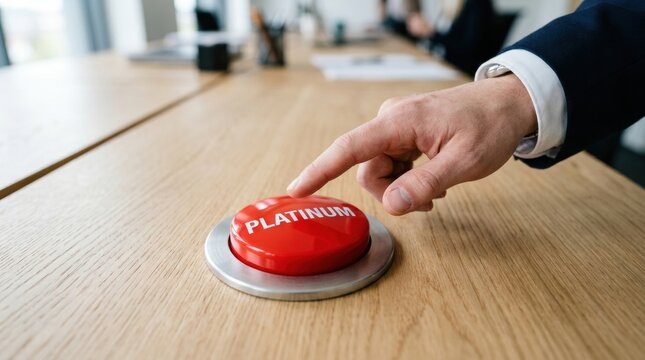 Business person pressing a red button labeled platinum ore on a wooden office desk.