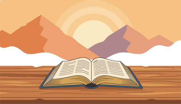 Open holy bible book resting on a wooden table surface against a tranquil mountain sunset backdrop with warm orange hues.