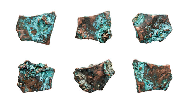 Set of raw copper ore mineral stones with turquoise oxidation isolated on white background