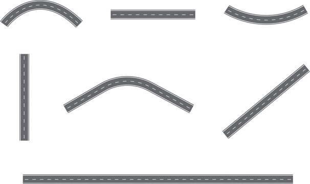 Set of asphalt road segments with various curves and straight lines for map design