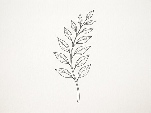 Minimalist line art leaf illustration, delicate botanical sketch isolated on white textured paper background.