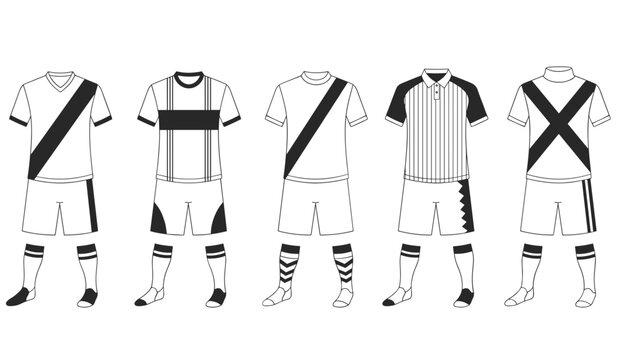 Outline designs of soccer uniforms showcasing different jersey patterns, shorts, and socks on white background.