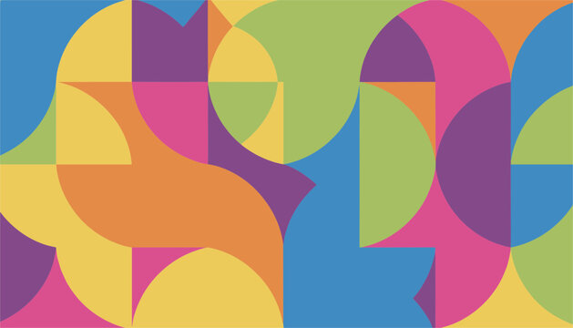 Colorful abstract geometric pattern wallpaper background with intersecting semi circles and squares in vibrant pastel tones.