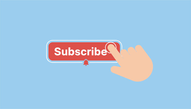 Clean flat vector illustration of a human hand cursor clicking a red subscribe button with a notification bell on a light blue background.