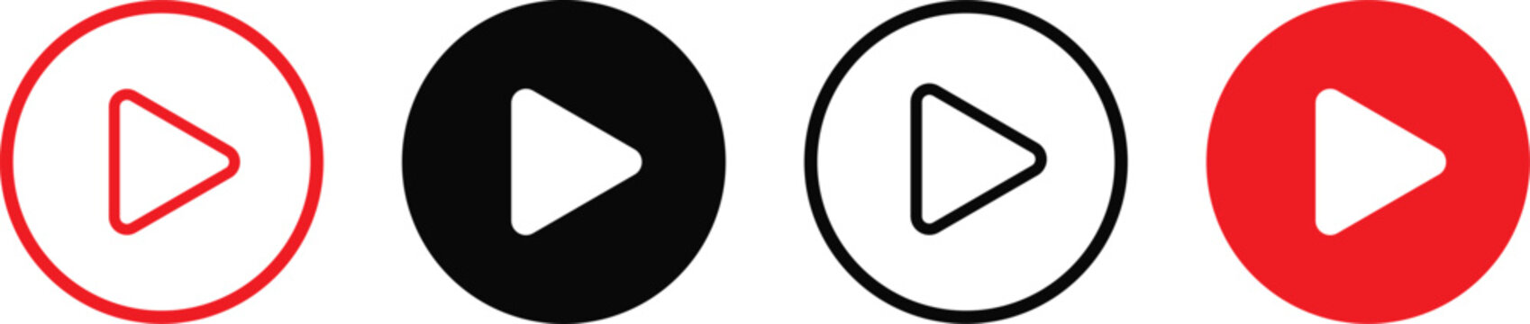 Set of four play button icons with different styles including red and black circle designs for media player interface design elements