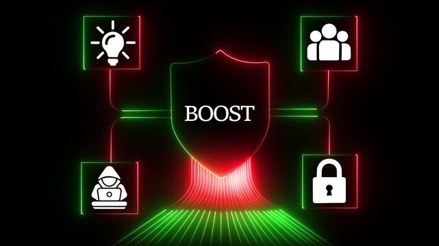Cyber security shield concept with digital network and boost text animation