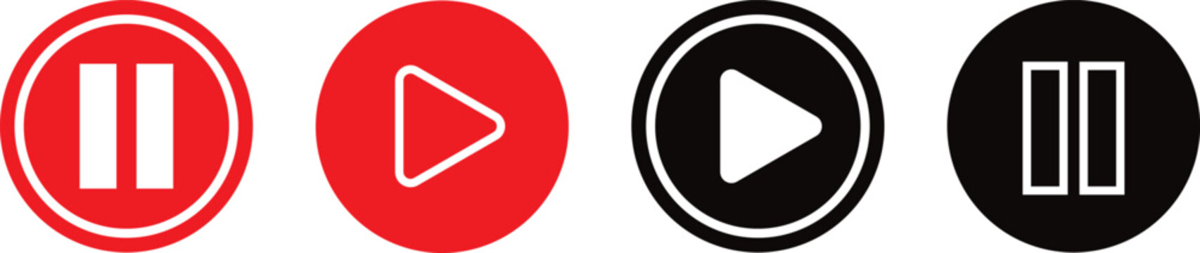 Set of play and pause media control buttons in red and black circular icons