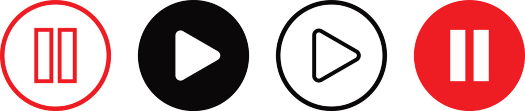 Set of play and pause media control buttons with circular icons in red and black colors