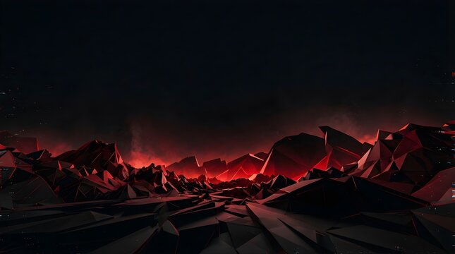 Dark Red Abstract Geometric Landscape with Dramatic Volcanic Glow