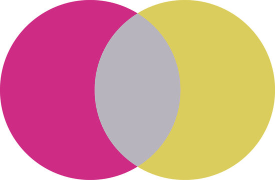 Two overlapping circles in pink and yellow creating a grey intersection shape