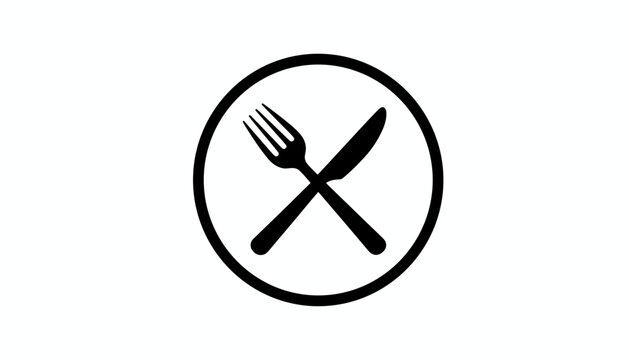 Simple food and restaurant vector icon showing a black crossed fork and knife inside a clean circular outline.