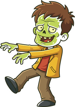 Cartoon illustration of funny green zombie character walking with droopy eyes, missing tooth, yellow jacket, red shirt, brown pants, black shoes