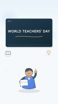 World teachers day greeting card vector illustration with cute cartoon educator character