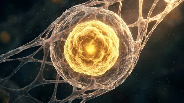Luminous golden cellular nucleus wrapped in biological mesh with soft diffuse micro-lighting and depth.