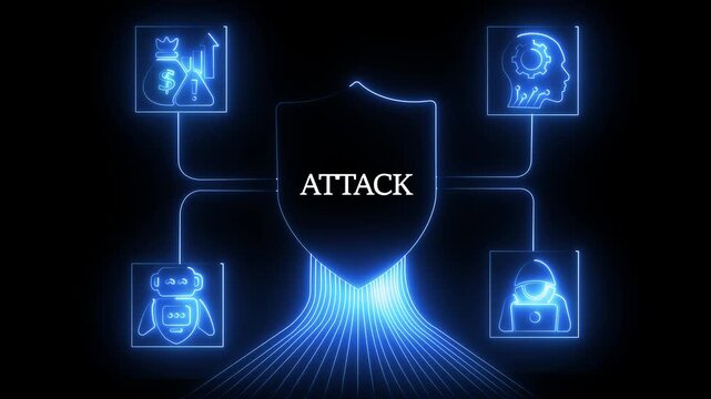 Cyber security attack concept with glowing digital shield and network