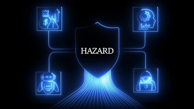 Cybersecurity hazard shield concept: digital threat protection and data privacy infographic