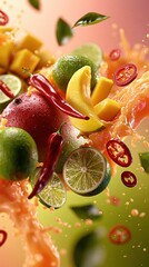 Fototapeta premium Vibrant Splash of Tropical Fruits and Spicy Chilies with Refreshing Juice Motion