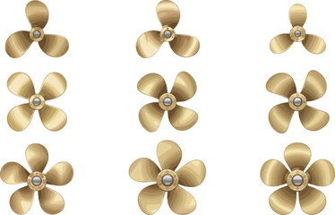 Golden Brass Boat Propeller Icon Set with 3, 4, and 5 Blade Marine Screw Propellers for Nautical, Engineering, and Maritime Vessel Designs © Ashik 
