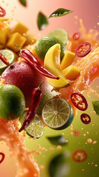 Vibrant Splash of Tropical Fruits and Spicy Chilies with Refreshing Juice Motion