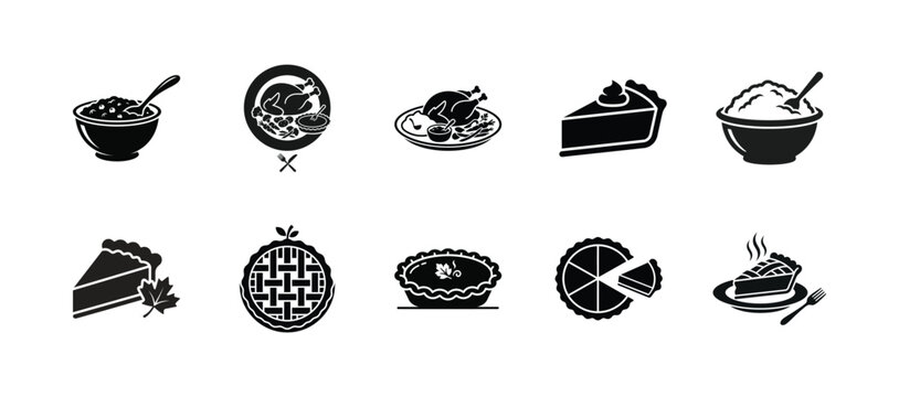 Thanksgiving Dinner Food Icon Set, Pumpkin Pie Slice and Roasted Turkey Vector Illustration, Autumn Harvest Meal Black Glyph Symbols for Menu Design