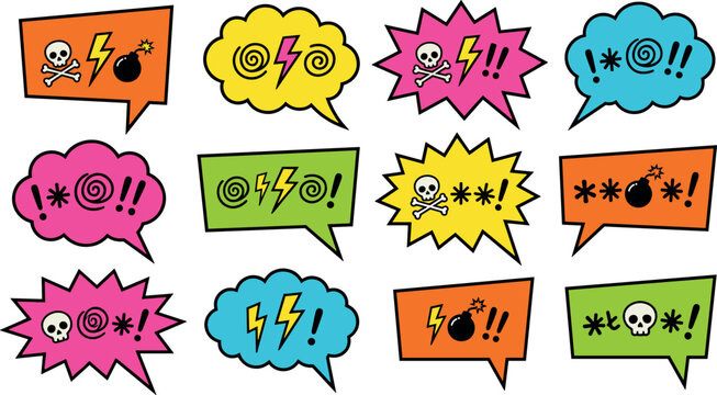 Pop art comic swearing speech bubble vector set featuring profane censor symbols skull crossbones lightning bolt bomb and exclamation marks isolated on white background