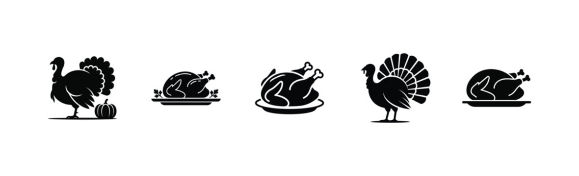 Thanksgiving Turkey Icon Set, Roasted Turkey Dinner and Traditional Holiday Food, Turkey Bird Silhouette with Pumpkin, Black and White Vector Illustration for Festival Celebration