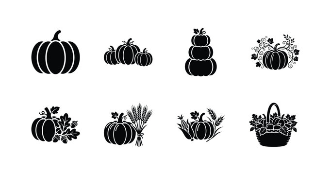 Autumn Pumpkin Harvest Icon Set, Thanksgiving Gourd and Wheat Basket Vector Illustration, Fall Season Black Silhouette Glyph Elements for Craft and Design