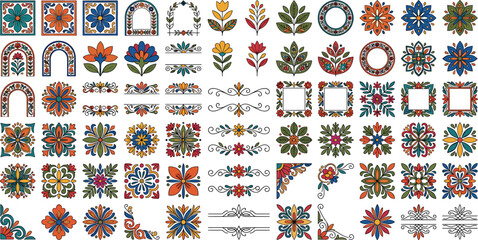 Mexican talavera tile vector pattern elements set with floral ornaments frames borders arches and mandalas © ALOMGIR