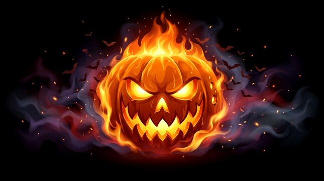 Scary Halloween Jack O Lantern Burning in Flames with Bats on Black Background