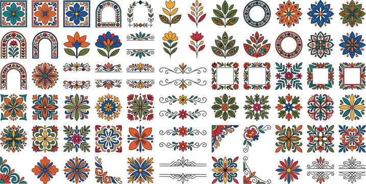 Mexican talavera tile vector pattern elements set with floral ornaments frames borders arches and mandalas
