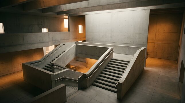 Modern concrete staircase in minimalist building interior with soft light