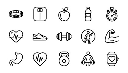 Fototapeta premium Fitness and healthy lifestyle workout activity minimal outline line art vector icon set bundle for mobile application UI.