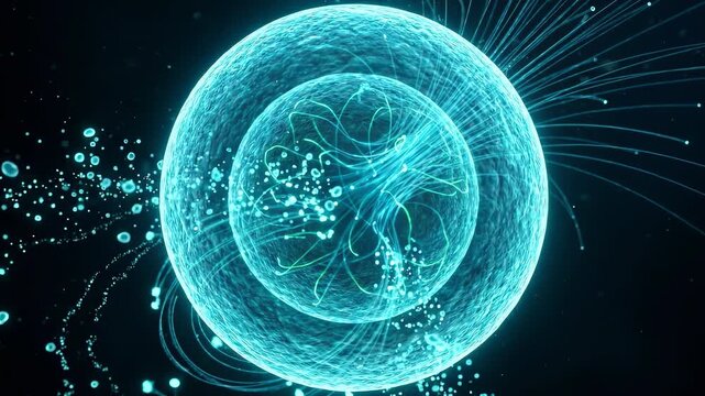 Large cyan stem cell absorbing nutrients in a dark infinite void with fiber optic ultra macro glow.
