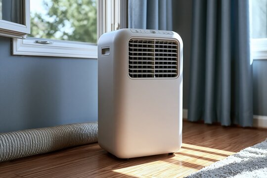 Modern portable air conditioner unit providing cooling comfort in a bright, sunlit room with window and curtains