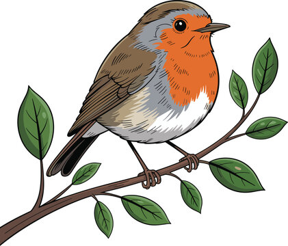 A European robin perched on a slender branch with green leaves animal vector on white background.
