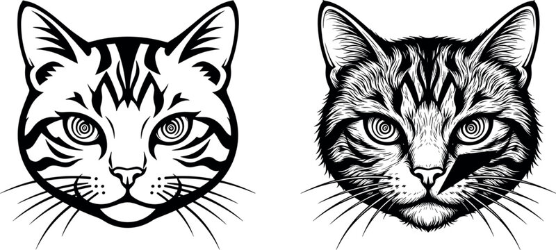 Cat Head Line Art and Detailed Engraving Style Vector Illustration Set for T Shirt Design