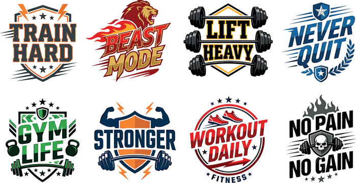 Fitness and bodybuilding vector labels collection featuring heavy dumbbells barbells lion beast mode shield design and motivational gym quotes.