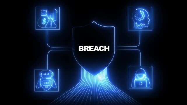 Cybersecurity breach concept with digital shield and hacker data protection and network security warning animation