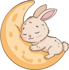 Sleeping rabbit hugging crescent moon with peaceful expression, soft pastel colors create calm and gentle mood