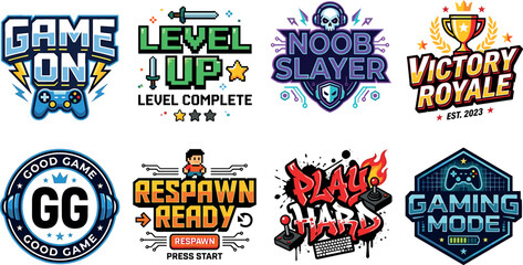 Gaming badges and esport logo emblems bundle featuring pixel art level up victory royale play hard and retro controller typography. © ALOMGIR
