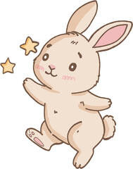 Fototapeta premium Cute beige rabbit with pink cheeks and ears happily playing with two yellow stars in joyful scene