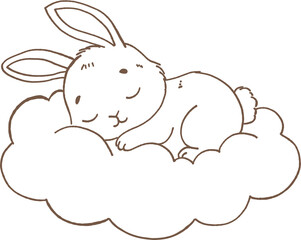 Fototapeta premium Sleeping rabbit outline on soft cloud with peaceful expression, simple brown line art drawing for calm and gentle mood