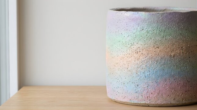 Pastel rainbow ceramic planter pot on a wooden table in bright interior