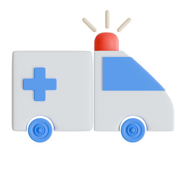 Emergency 3D ambulance car icon with flashing red siren light, transparent background.