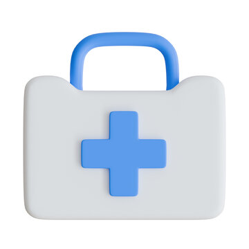3D first aid kit briefcase icon with a prominent medical cross, transparent background.
