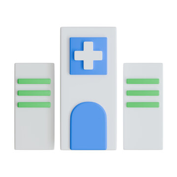 3D modern hospital building icon with a medical cross sign, transparent background.