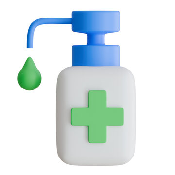 3D liquid soap or hand sanitizer pump bottle with a green gel droplet and cross.